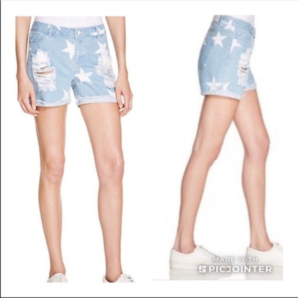 Noisy May Light Blue High Waist‎ Denim Shorts with Stars - XS